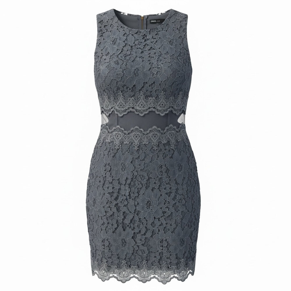 INA Final Women’s Large Charcoal Lace Sheath Dress Sheer Waist Cocktail